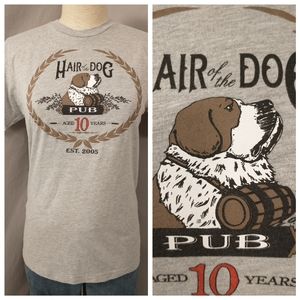 Hair of The Dog Pub Tee Graphic T Shirt Heather Gray Cotton w Saint Bernard